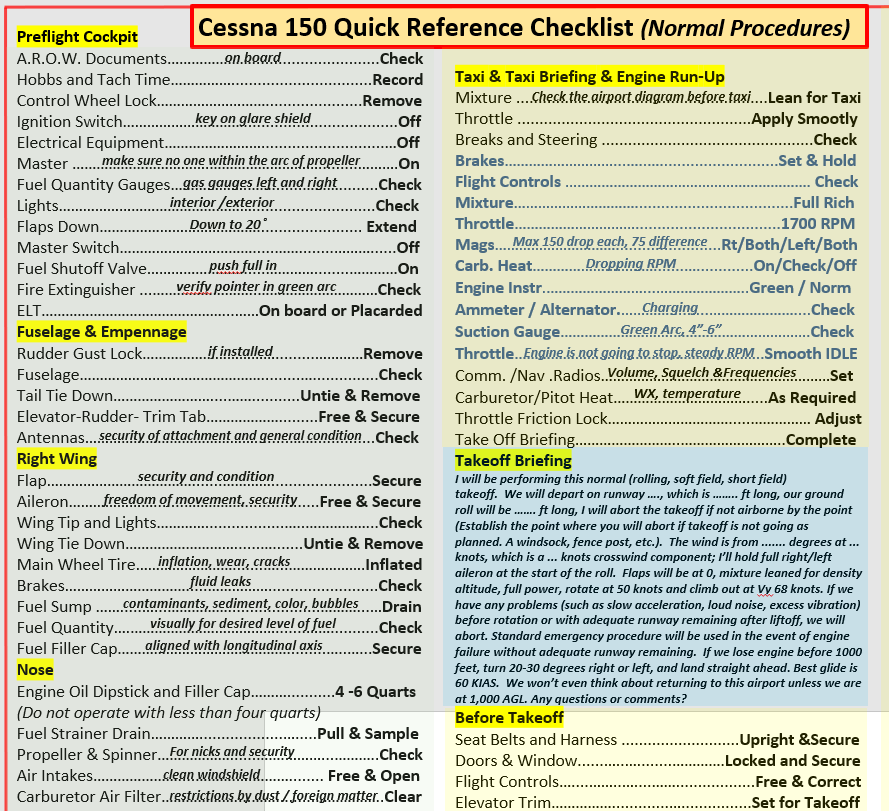 Cessna 150 Universal Extended QRef All In One Checklist for Student Pilots
