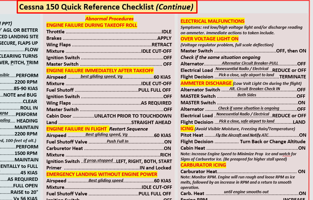 Cessna 150 Universal Extended QRef All In One Checklist for Student Pilots