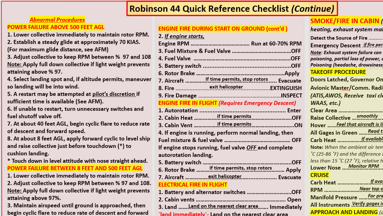 Robinson 44 Helicopter POH & Extended Quick Reference Checklist (QRC), All In One